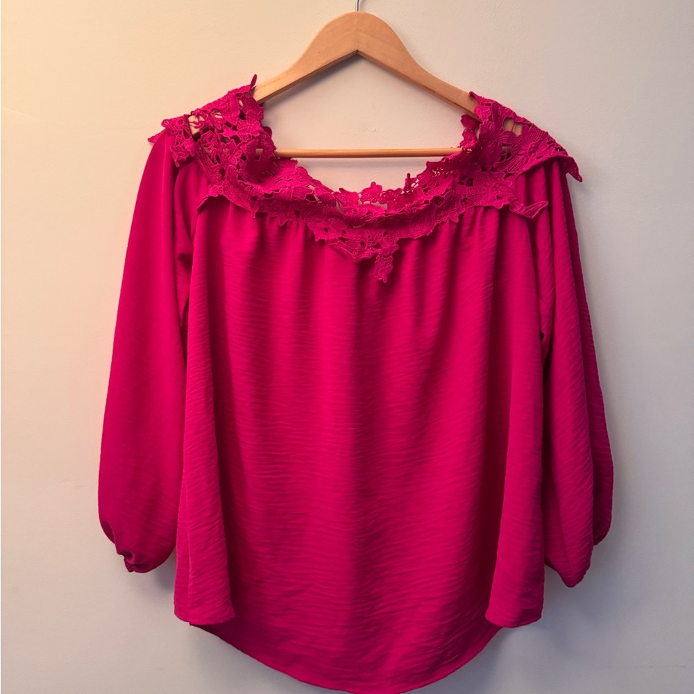 Amazon Pink Ruffled Blouse with Three-Quarter Sleeves